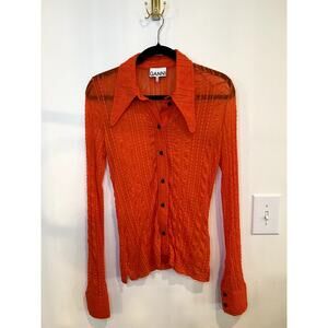 Ganni Sheer Textured Blouse Orange Button Front Collared Top Size 40